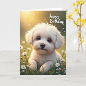 ふわふわ子犬の誕生日カード カード (黄色い花)