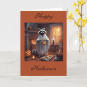 ふわふわ幽霊アライグマのハロウィングリーティングカード カード (黄色い花)