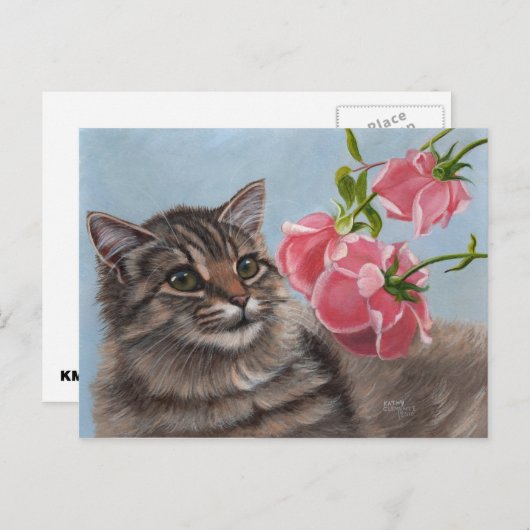 ふわふわ猫と3つのピンクのバラのポストカード ポストカード (正面/裏面)
