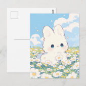 ふわふわ白ウサギのデイジー草原イラスト ポストカード (正面/裏面)