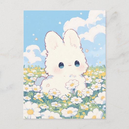 ふわふわ白ウサギのデイジー草原イラスト ポストカード (正面)