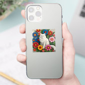 ふわふわ白猫とフォークアートの花 シール (スマートフォン)