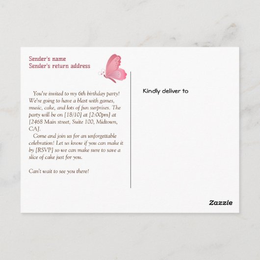 ふわふわ蝶のテーマの6歳の誕生日パーティー招待状 ポストカード (裏面)