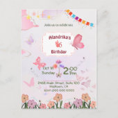 ふわふわ蝶のテーマの6歳の誕生日パーティー招待状 ポストカード (正面)