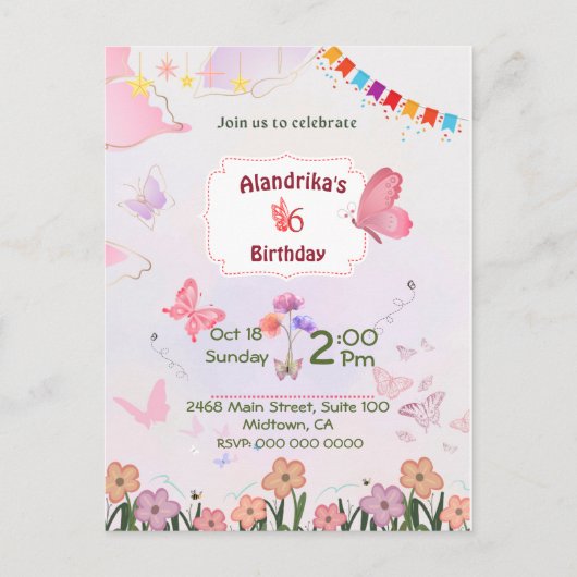 ふわふわ蝶のテーマの6歳の誕生日パーティー招待状 ポストカード (正面)
