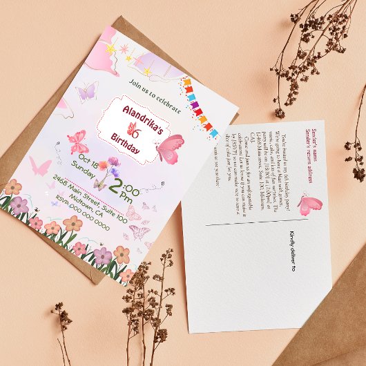 ふわふわ蝶のテーマの6歳の誕生日パーティー招待状 ポストカード