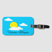ふわふわ雲の笑顔の太陽:ターコイズ ラゲッジタグ (正面横)