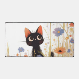ふわふわ黒猫の大きな目 オレンジ色の草原の花 デスクマット