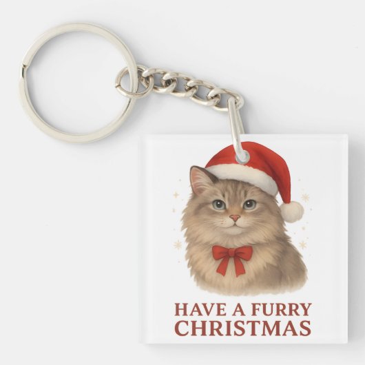 ふわもこクリスマス かわいいサンタのシベリアン子猫 キーホルダー (正面)