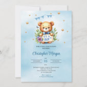 ふんわりとしたテディベア　男の子のベビーシャワー 招待状 (正面)