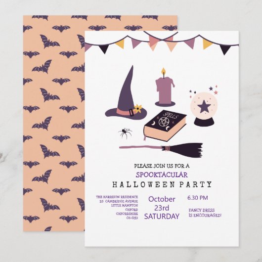 ふんわりとしたピンクの魔女をテーマにした 招待状 (正面/裏面)