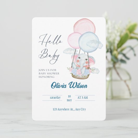 ふんわりゾウさんベビーシャワーカード – ユニセックスデザイン 招待状 (スタンド正面)