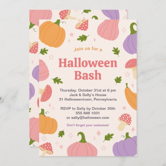 ふんわりハロウィンのカボチャとキノコ 招待状 (正面/裏面)