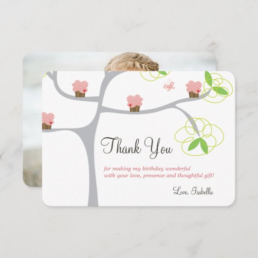 ふんわりピンクのカップケーキの木 子どもの誕生日写真 サンキューカード (正面/裏面)