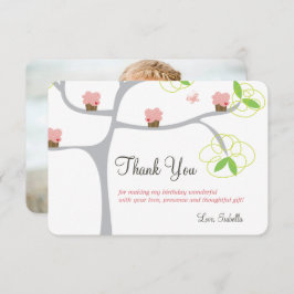 ふんわりピンクのカップケーキの木 子どもの誕生日写真 サンキューカード