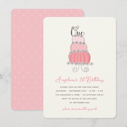 ふんわりピンクケーキの赤ちゃん女の子の1歳誕生日パーティー 招待状 (正面/裏面)