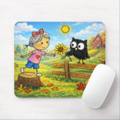 ふんわり秋の少女とフクロウ マウスパッド (マウス)