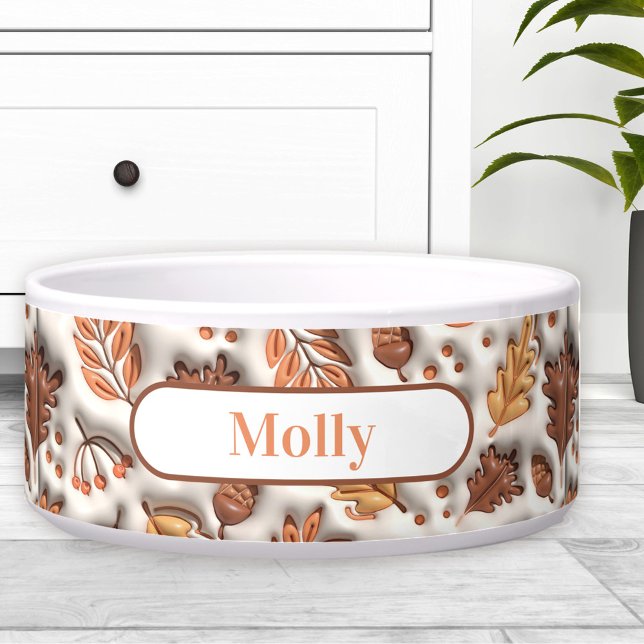 ふんわり秋の葉とどんぐりのタイル 名前 現代ペット ボウル (Inflated Fall Leaves Acorn Tiles Name Pet Bowl)