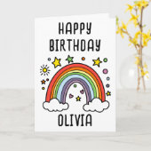 ふんわり虹のパーソナライズ誕生日ガール カード (黄色い花)