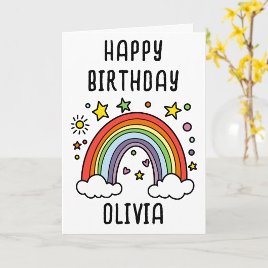 ふんわり虹のパーソナライズ誕生日ガール カード (黄色い花)