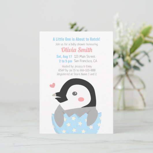 ふ化したばかりの小さなペンギンのベビーシャワー 招待状 (スタンド正面)