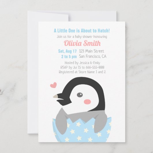 ふ化したばかりの小さなペンギンのベビーシャワー 招待状 (正面)