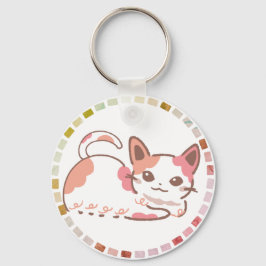 ぶちねこが微笑むピンクとオレンジのタイル キーホルダー