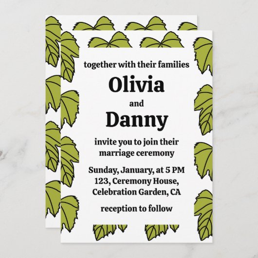 ぶどうつる植物グ離れリーンつる植物ボタ結婚ニカル 招待状 (正面/裏面)