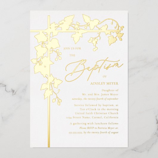 ぶどうの葉の金色の植物の洗礼 箔招待状 (正面)