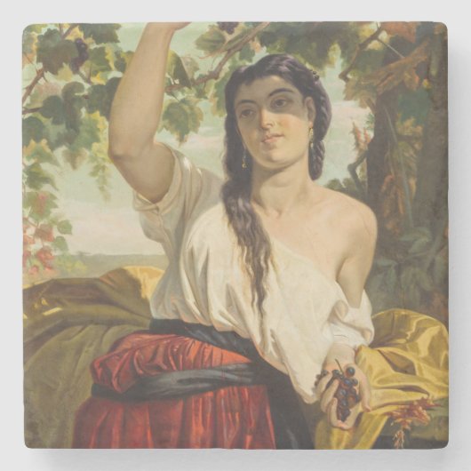 ぶどうイタリアン狩り女性（夏の収穫） ストーンコースター (正面)