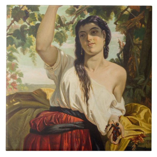 ぶどうイタリアン狩り女性（夏の収穫） タイル (正面)