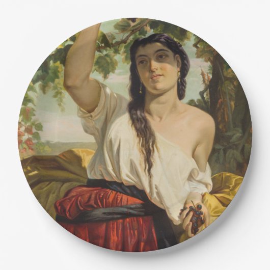 ぶどうイタリアン狩り女性（夏の収穫） ペーパープレート (正面)