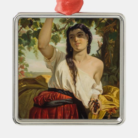 ぶどうイタリアン狩り女性（夏の収穫） メタルオーナメント (正面)