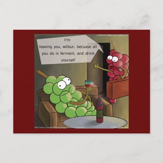 ぶどう分解食おもしろい品、ワイン&結婚漫画 ポストカード (正面)