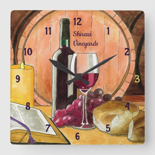 ぶどう園のワインとパンパーソナライズされた スクエア壁時計 (正面)