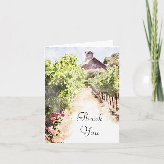 ぶどう畑と赤い納屋の水彩画ウェディング感謝カード サンキューカード (正面)