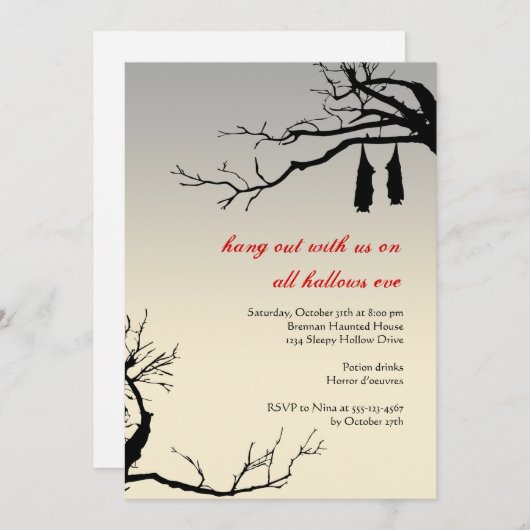 ぶら下がったなこうもりは枝腐食の上品ハロウィンを暴露します 招待状 (正面/裏面)