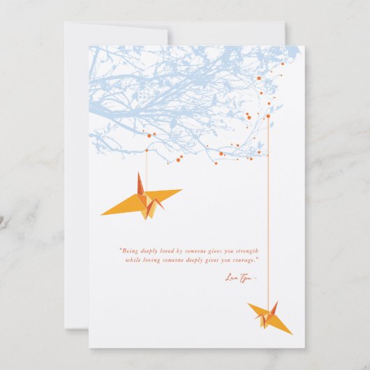 ぶら下がったのオレンジ折り鶴&ラブ引用文結婚ズ 招待状 (裏面)