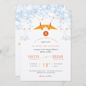 ぶら下がったのオレンジ折り鶴&ラブ引用文結婚ズ 招待状 (正面/裏面)