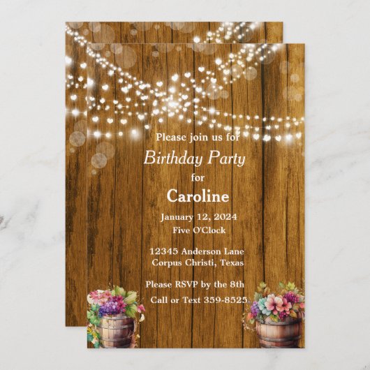 ぶら下がったのライツ素朴ワインバレル誕生日パーティー 招待状 (正面/裏面)