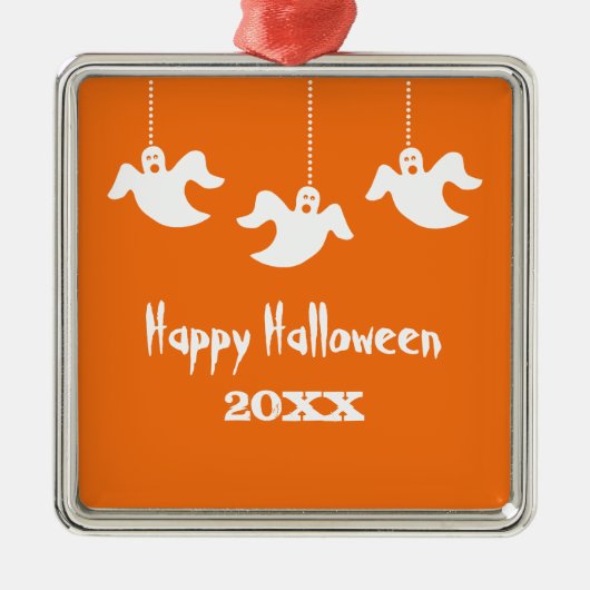 ぶら下がったの幽霊たちハロウィーンオーナメント、オレンジ メタルオーナメント (正面)
