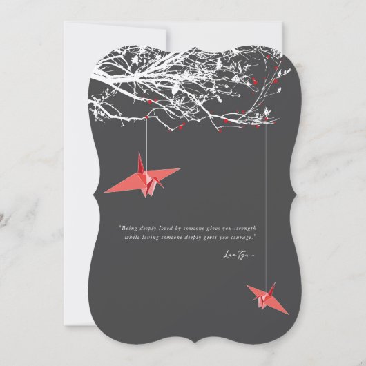 ぶら下がったの折り紙紙クレーン&ラブ引用文結婚 招待状 (裏面)