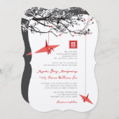 ぶら下がったの折り紙紙クレーン&ラブ引用文結婚 招待状 (正面/裏面)