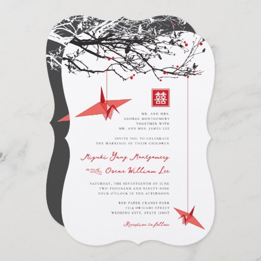 ぶら下がったの折り紙紙クレーン&ラブ引用文結婚 招待状 (正面/裏面)