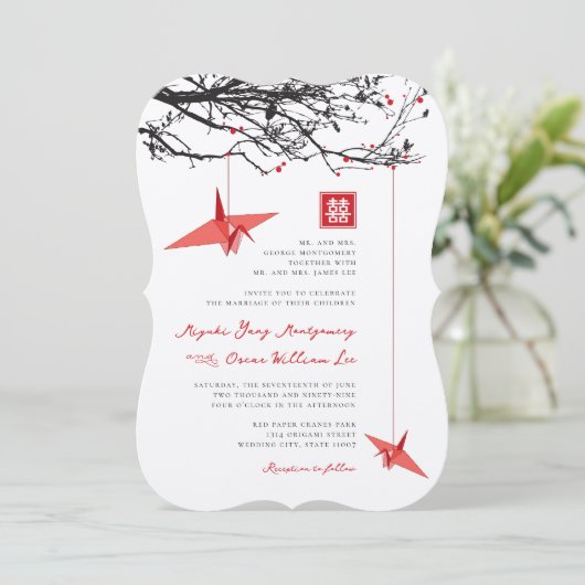 ぶら下がったの折り紙紙クレーン&ラブ引用文結婚 招待状 (スタンド正面)