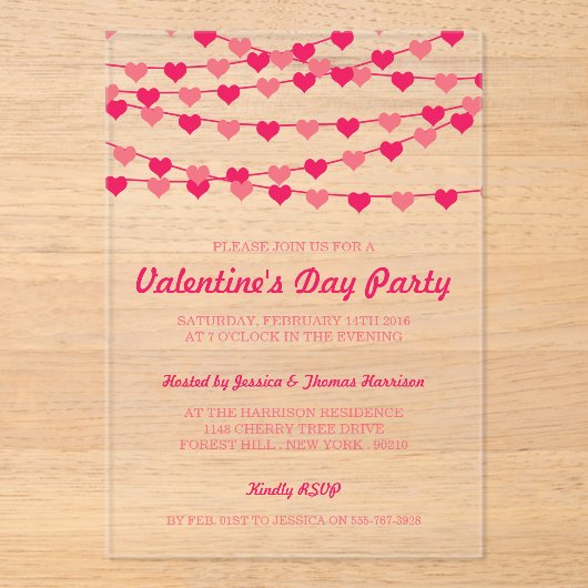 ぶら下がったの文字列愛ハートバレンタインデーパーティー アクリル招待状 (正面)