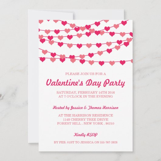 ぶら下がったの文字列愛ハートバレンタインデーパーティー 招待状 (正面)