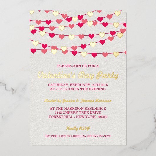 ぶら下がったの文字列愛ハートバレンタインデーパーティー 箔招待状 (正面)
