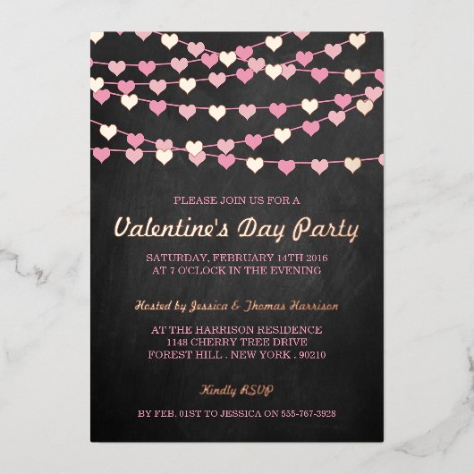 ぶら下がったの文字列愛ハートバレンタインデーパーティー 箔招待状 (正面)