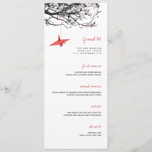 ぶら下がったの赤紙クレーン結婚アジアのメニューカード メニュー (正面)